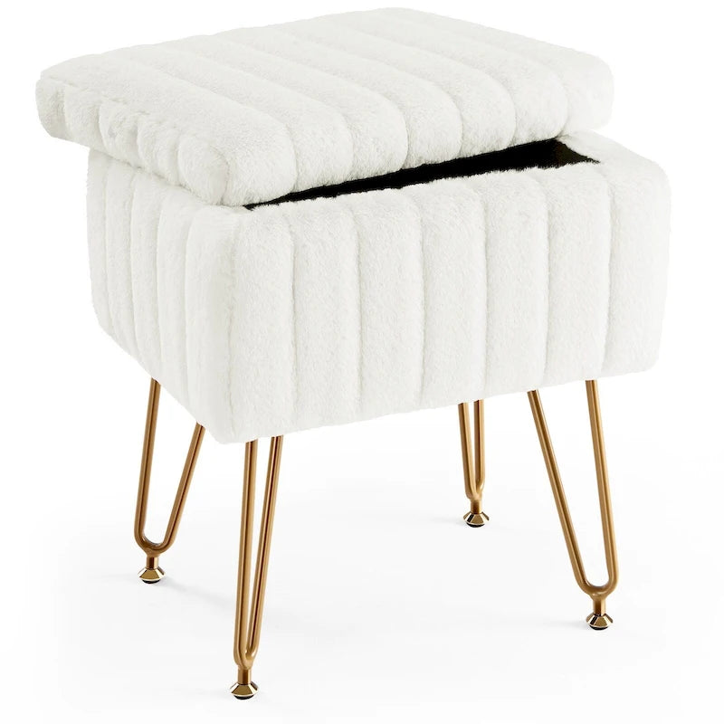 Vanity Stool Chair with Storage, Ottoman Faux Fur Soft Padded Makeup Footstools Seat with 4 Metal Legs Anti-Slip Adjustable Feet