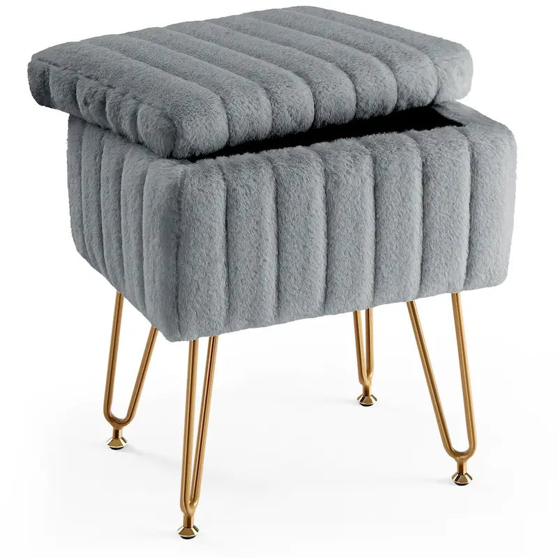 Vanity Stool Chair with Storage, Ottoman Faux Fur Soft Padded Makeup Footstools Seat with 4 Metal Legs Anti-Slip Adjustable Feet