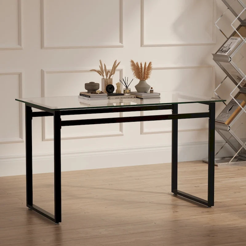 Moderner minimalistischer rechteckiger Glastisch für 4-6 Personen mit 0.31 starker Tischplatte aus gehärtetem Glas und Beinen aus schwarzem Chrommetall