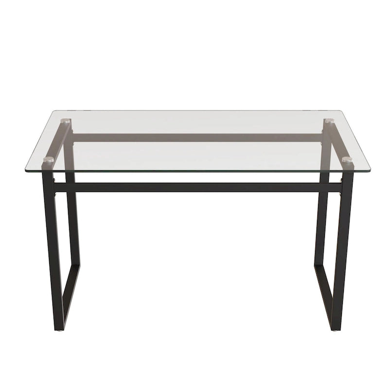 Moderner minimalistischer rechteckiger Glastisch für 4-6 Personen mit 0.31 starker Tischplatte aus gehärtetem Glas und Beinen aus schwarzem Chrommetall