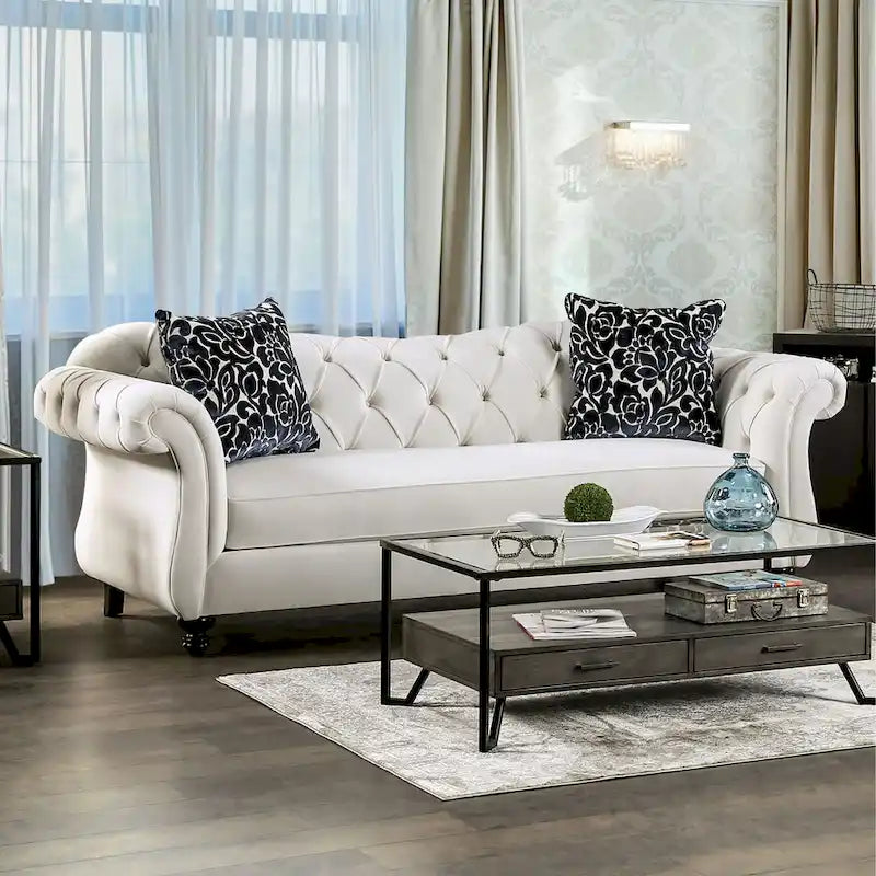 Addae Glam White Fabric Upholstered Rolled Arms Tufted Sofa by Furniture of America