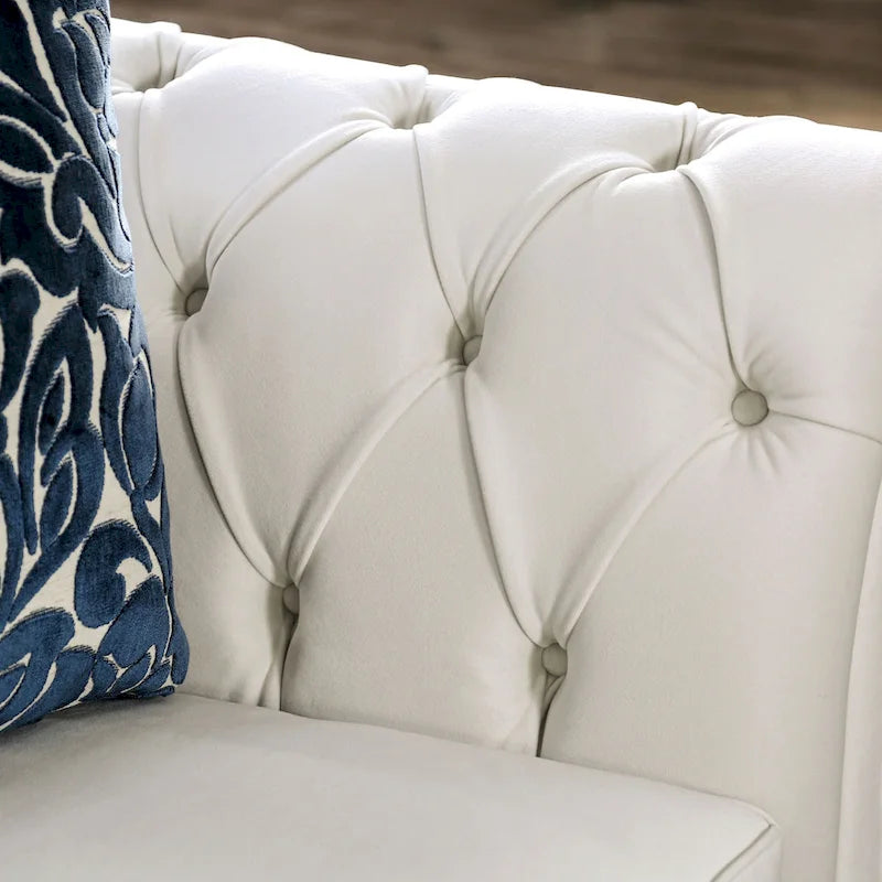 White Fabric Upholstered Rolled Arms Tufted Sofa