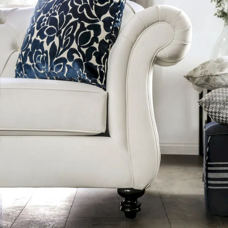 White Fabric Upholstered Rolled Arms Tufted Sofa