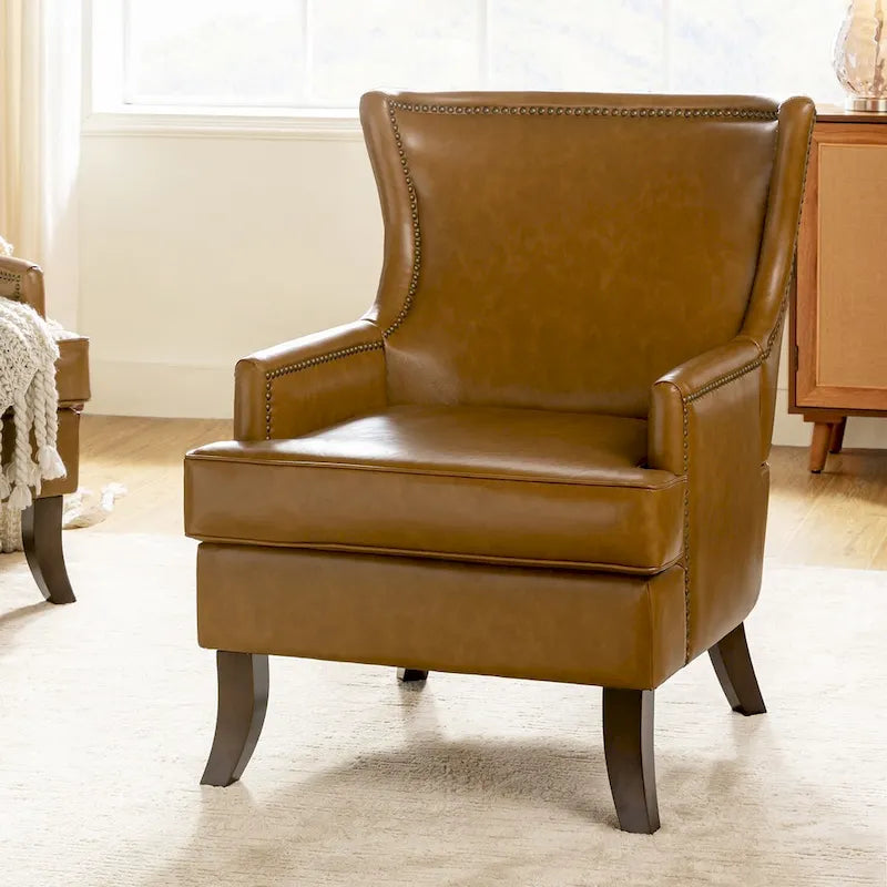 Angeles Mid-century Modern Ergonomic Vegan Leather Armchair with Wingback