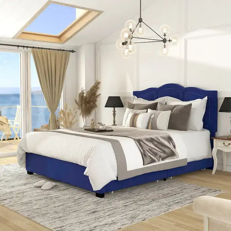 Cama de plataforma estofada com arrumação e 4 gavetas