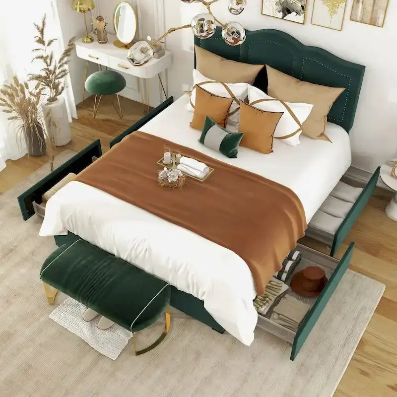 Cama de plataforma estofada com arrumação e 4 gavetas