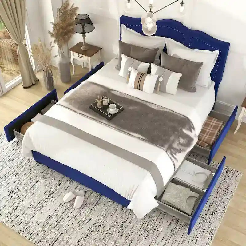 Cama de plataforma estofada com arrumação e 4 gavetas