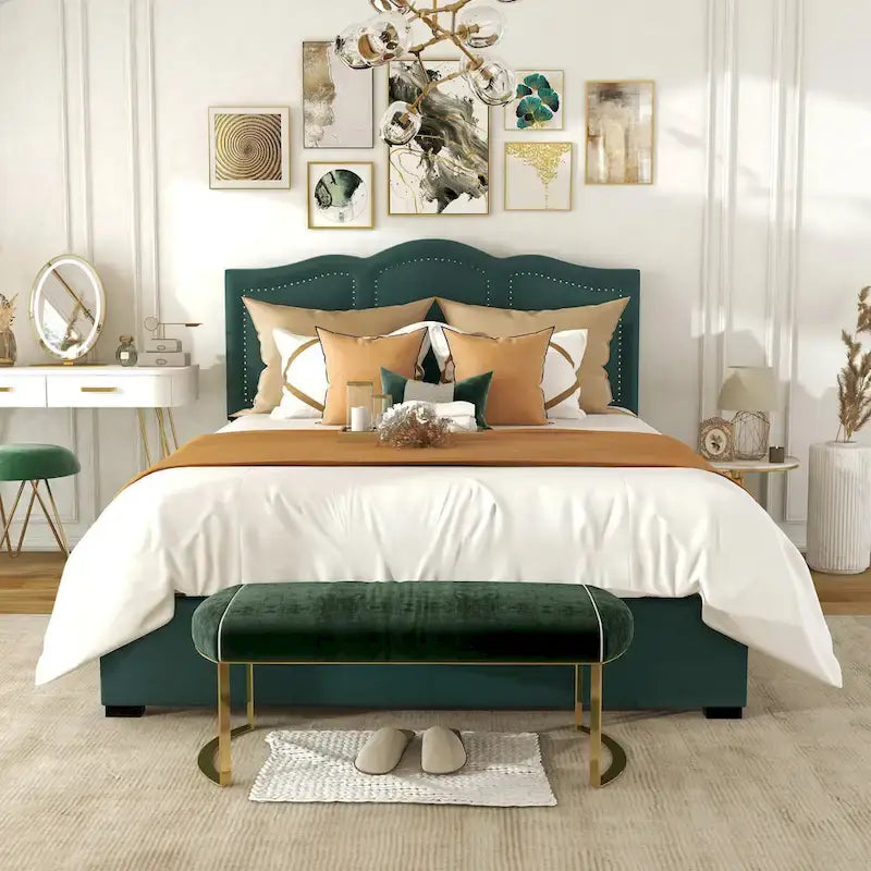 Cama de plataforma estofada com arrumação e 4 gavetas