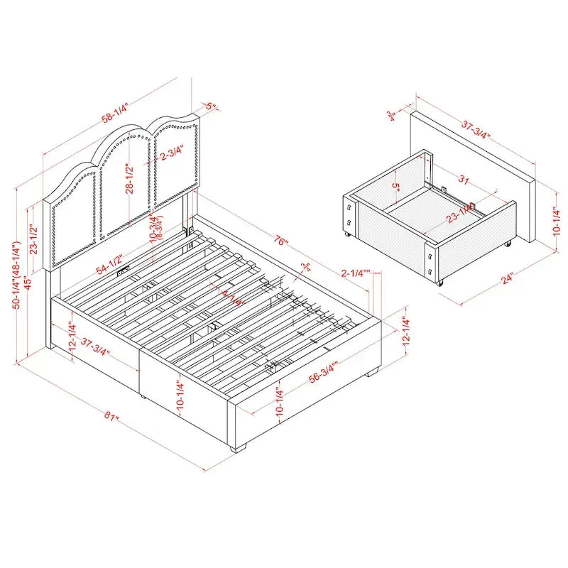 Cama de plataforma estofada com arrumação e 4 gavetas