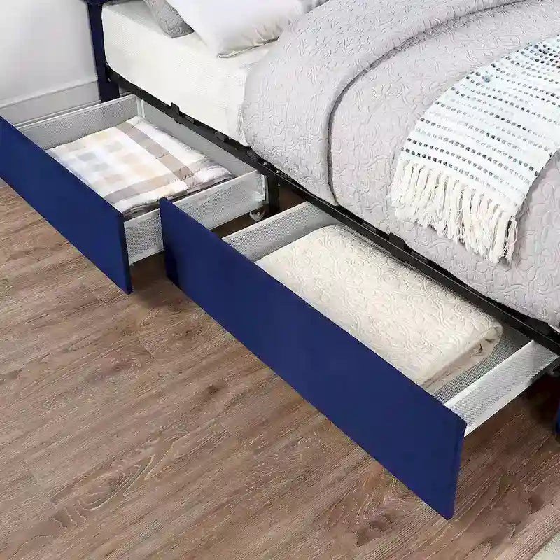 Cama de plataforma estofada com arrumação e 4 gavetas