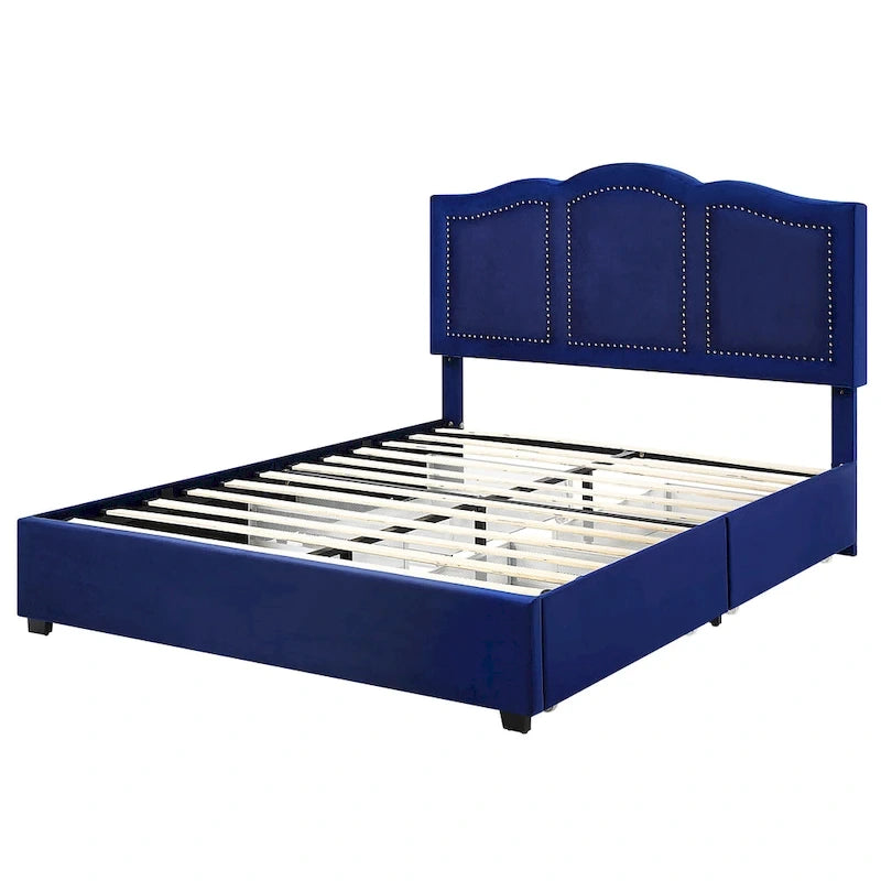Cama de plataforma estofada com arrumação e 4 gavetas