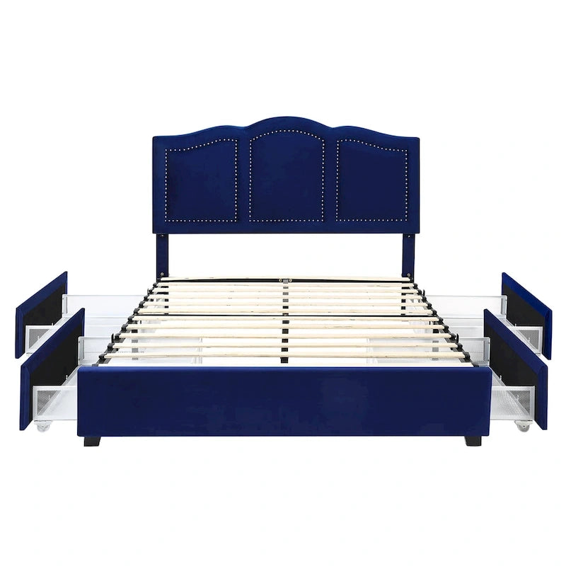 Cama de plataforma estofada com arrumação e 4 gavetas