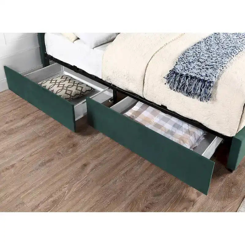 Cama de plataforma estofada com arrumação e 4 gavetas