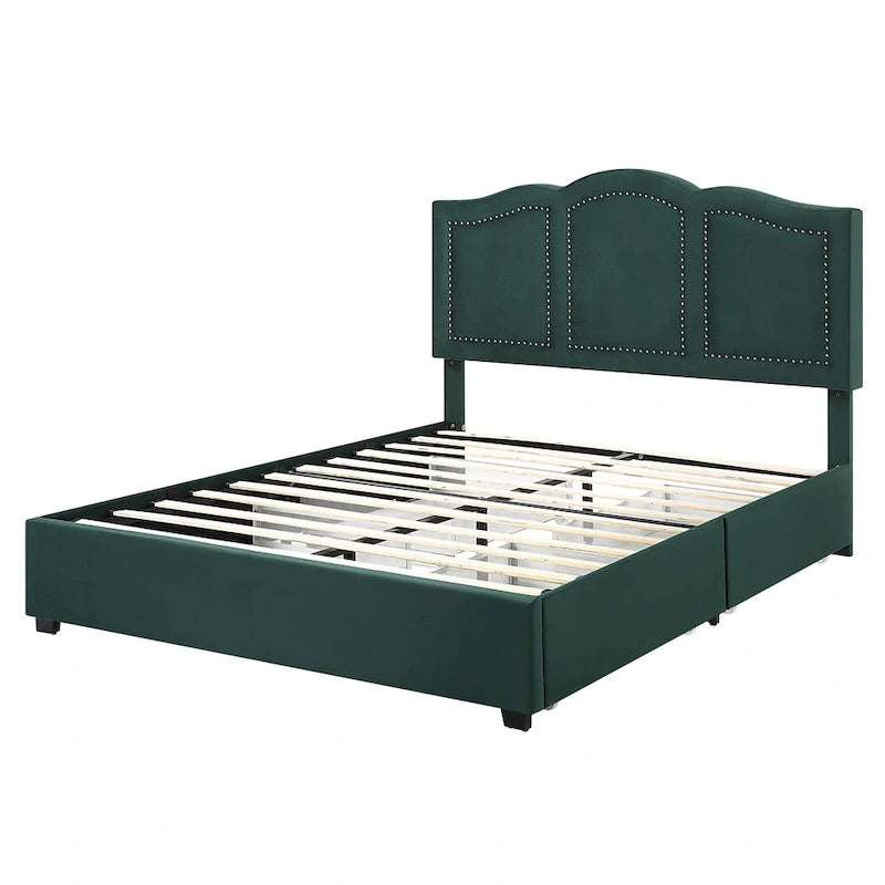 Cama de plataforma estofada com arrumação e 4 gavetas