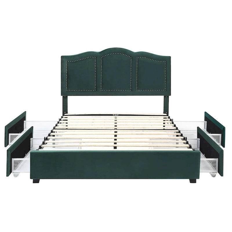 Cama de plataforma estofada com arrumação e 4 gavetas