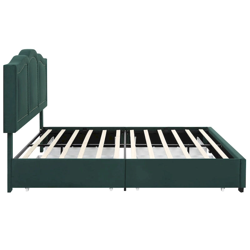 Cama de plataforma estofada com arrumação e 4 gavetas