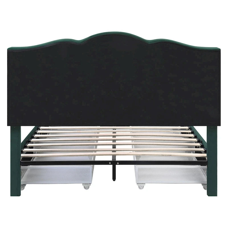 Cama de plataforma estofada com arrumação e 4 gavetas