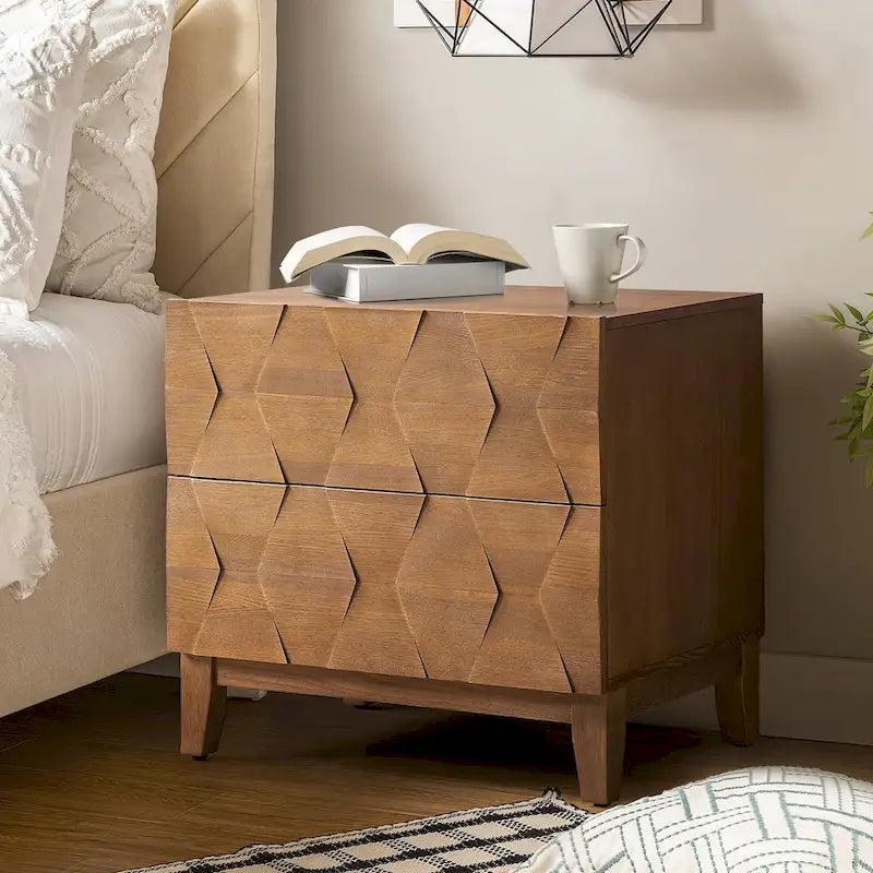 Comodino contenitore Ethel in stile mid-century con 2 cassetti, gambe regolabili in legno massello e stazione di ricarica