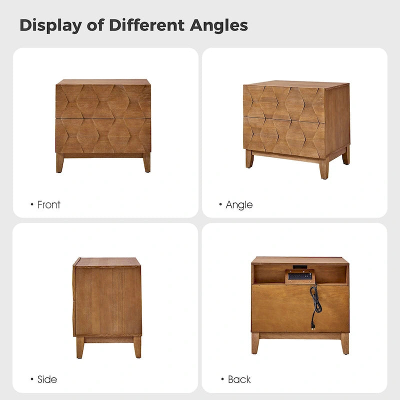Comodino contenitore Ethel in stile mid-century con 2 cassetti, gambe regolabili in legno massello e stazione di ricarica