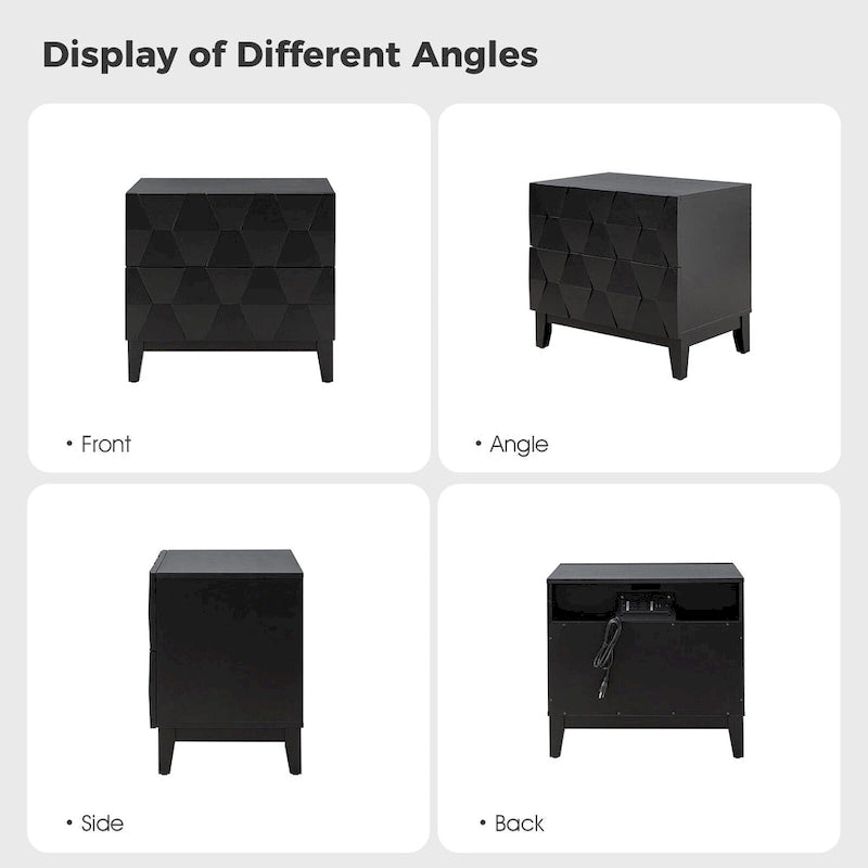 Comodino contenitore Ethel in stile mid-century con 2 cassetti, gambe regolabili in legno massello e stazione di ricarica