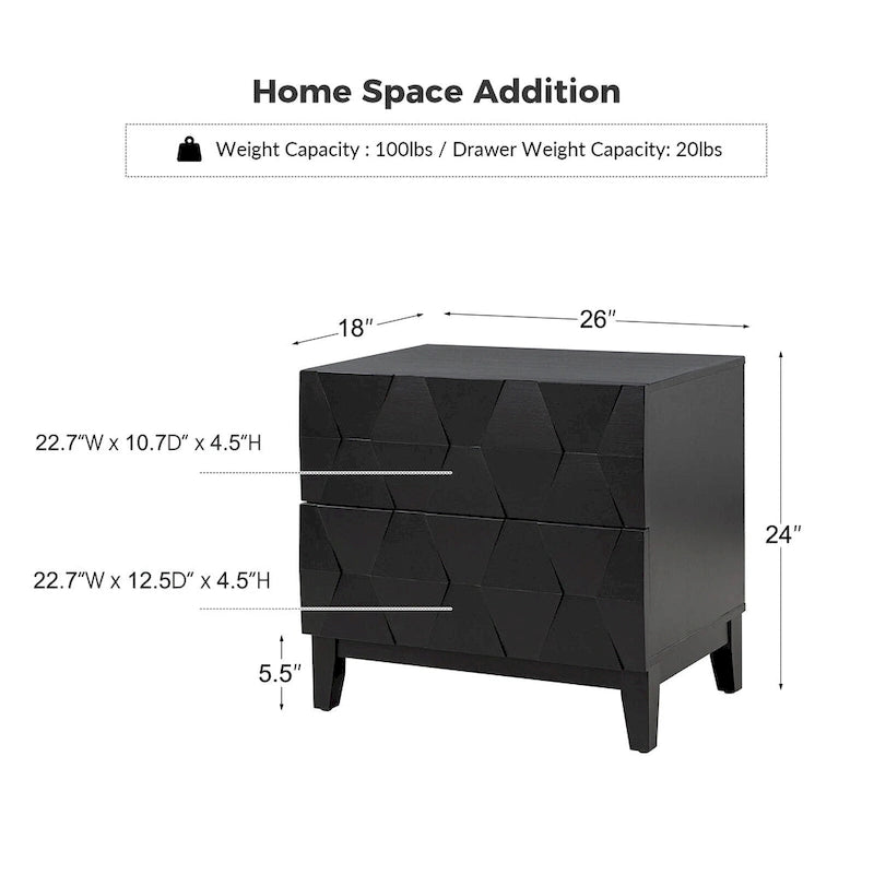 Comodino contenitore Ethel in stile mid-century con 2 cassetti, gambe regolabili in legno massello e stazione di ricarica