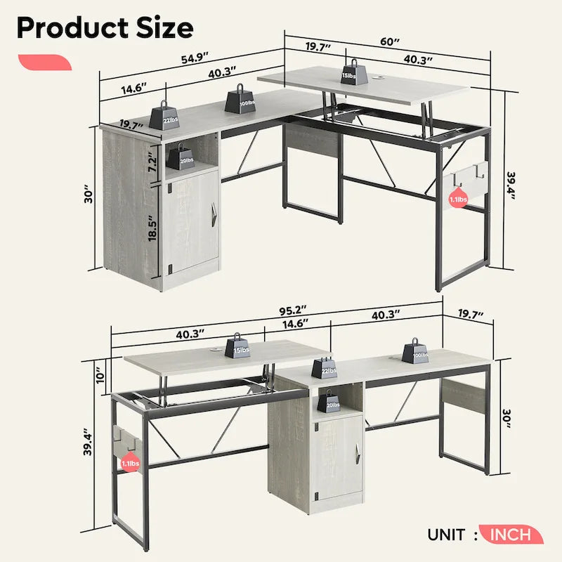 Versatile 60 L Shaped Standing Desk with Lift Top & Storage Cabinet, Corner Desk Extending to 95 with Hooks