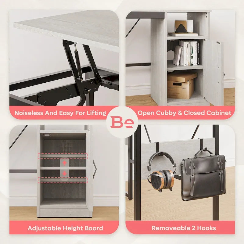 Versatile 60 L Shaped Standing Desk with Lift Top & Storage Cabinet, Corner Desk Extending to 95 with Hooks