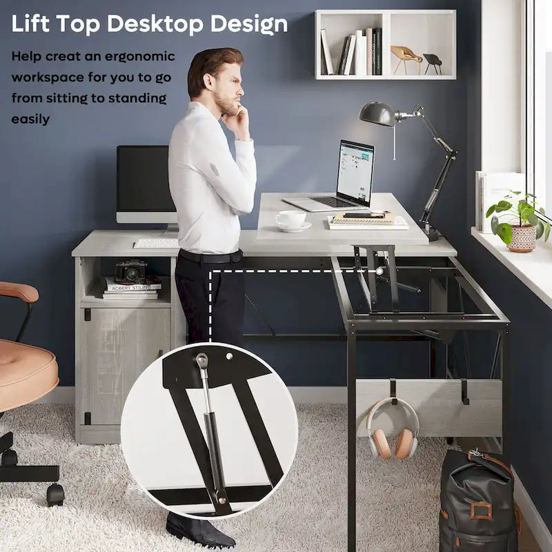 Versatile 60 L Shaped Standing Desk with Lift Top & Storage Cabinet, Corner Desk Extending to 95 with Hooks