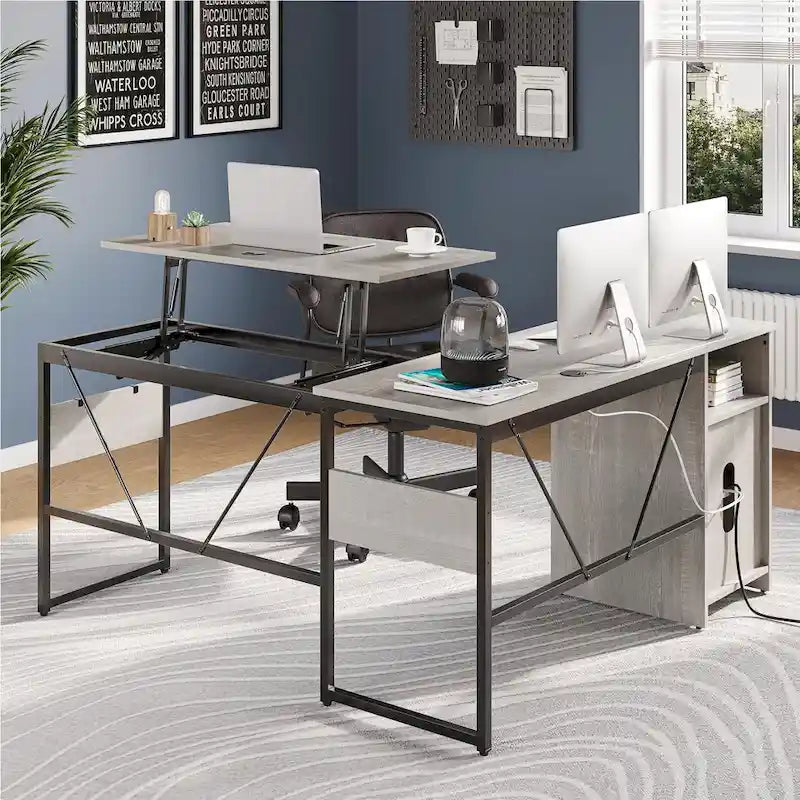 Versatile 60 L Shaped Standing Desk with Lift Top & Storage Cabinet, Corner Desk Extending to 95 with Hooks