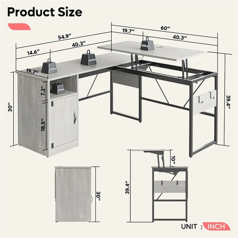 Versatile 60 L Shaped Standing Desk with Lift Top & Storage Cabinet, Corner Desk Extending to 95 with Hooks