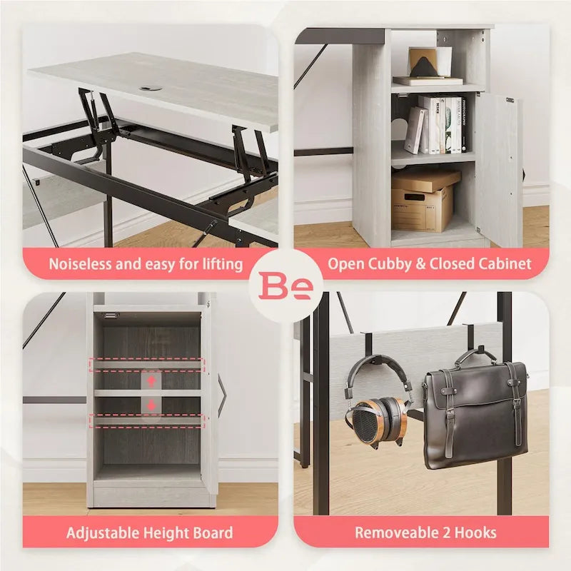 Versatile 60 L Shaped Standing Desk with Lift Top & Storage Cabinet, Corner Desk Extending to 95 with Hooks