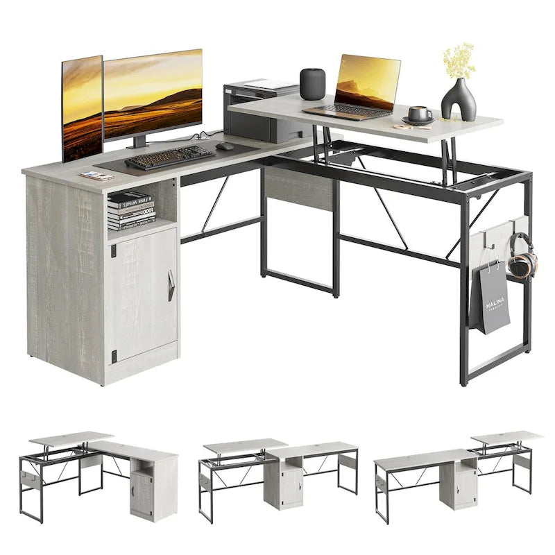 Versatile 60 L Shaped Standing Desk with Lift Top & Storage Cabinet, Corner Desk Extending to 95 with Hooks