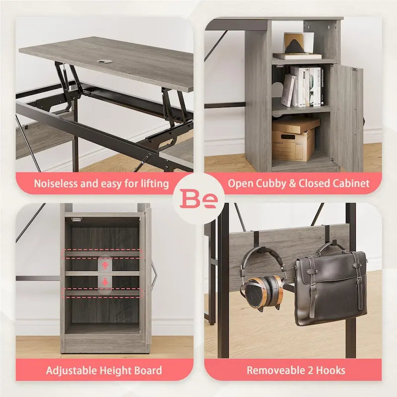 Versatile 60 L Shaped Standing Desk with Lift Top & Storage Cabinet, Corner Desk Extending to 95 with Hooks