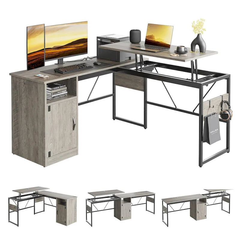 Versatile 60 L Shaped Standing Desk with Lift Top & Storage Cabinet, Corner Desk Extending to 95 with Hooks