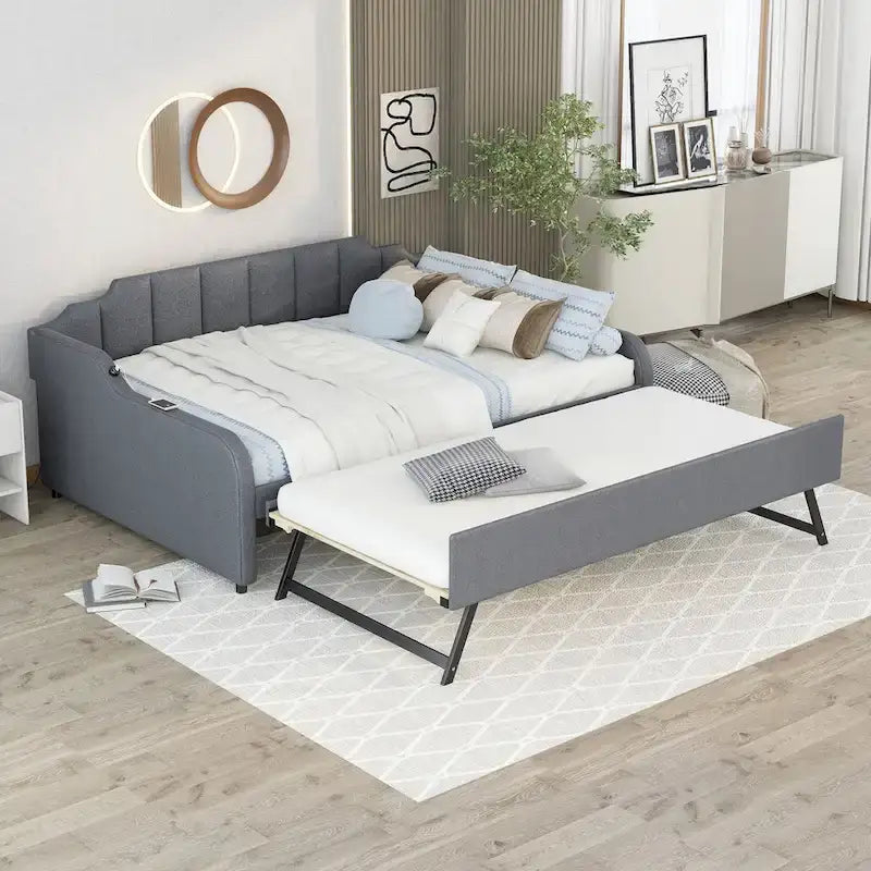 Letto da giorno imbottito con letto estraibile e design con ricarica USB