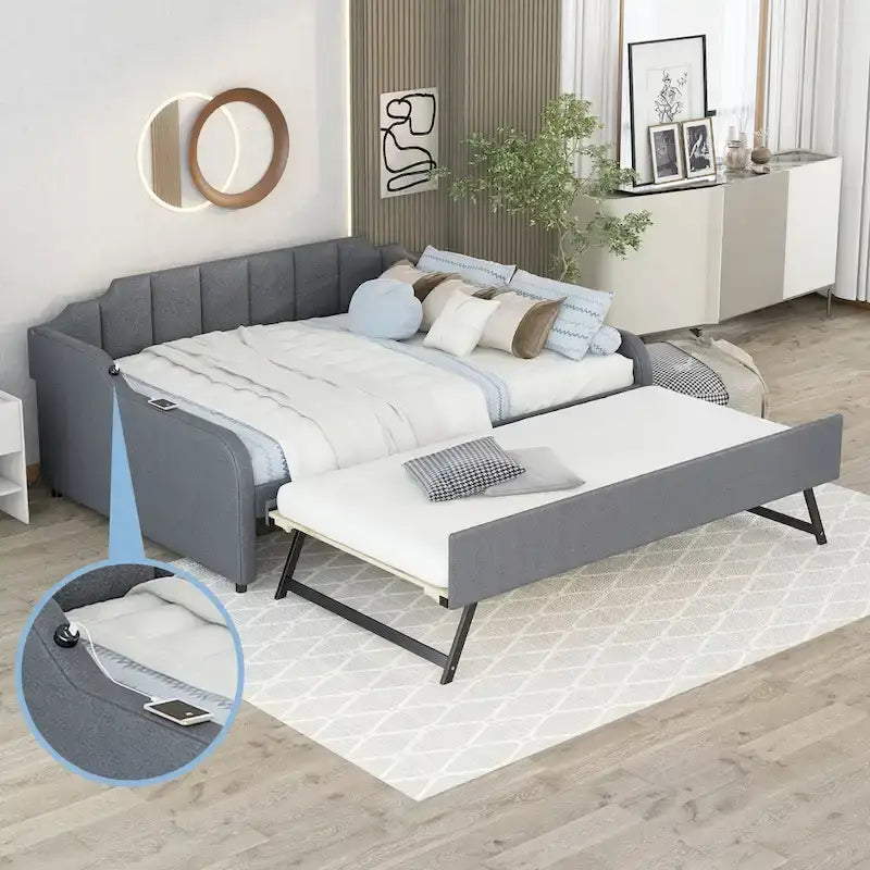 Letto da giorno imbottito con letto estraibile e design con ricarica USB