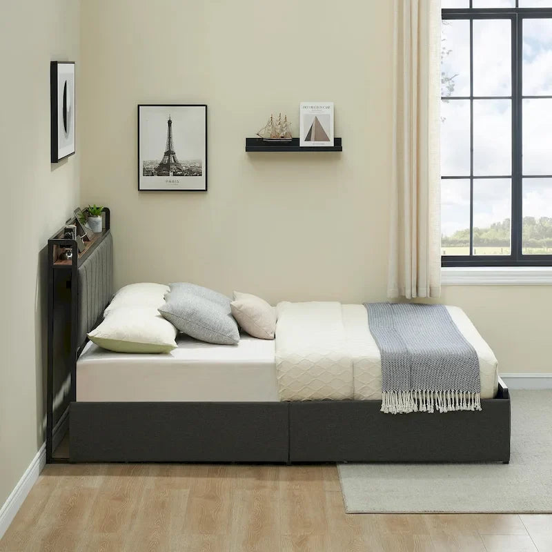 Estrutura de cama de plataforma estofada com cabeceira de arrumação e estação de carregamento