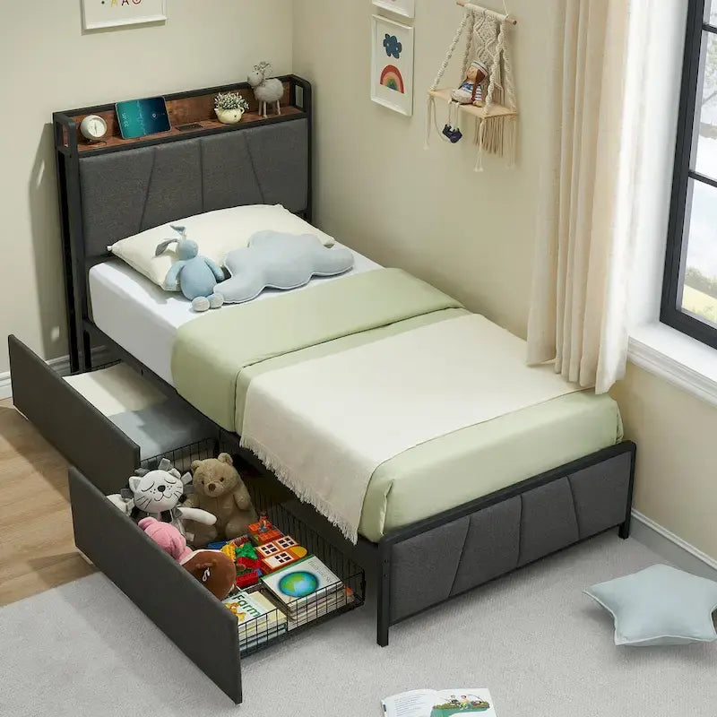 Estrutura de cama de plataforma estofada com cabeceira de arrumação e estação de carregamento