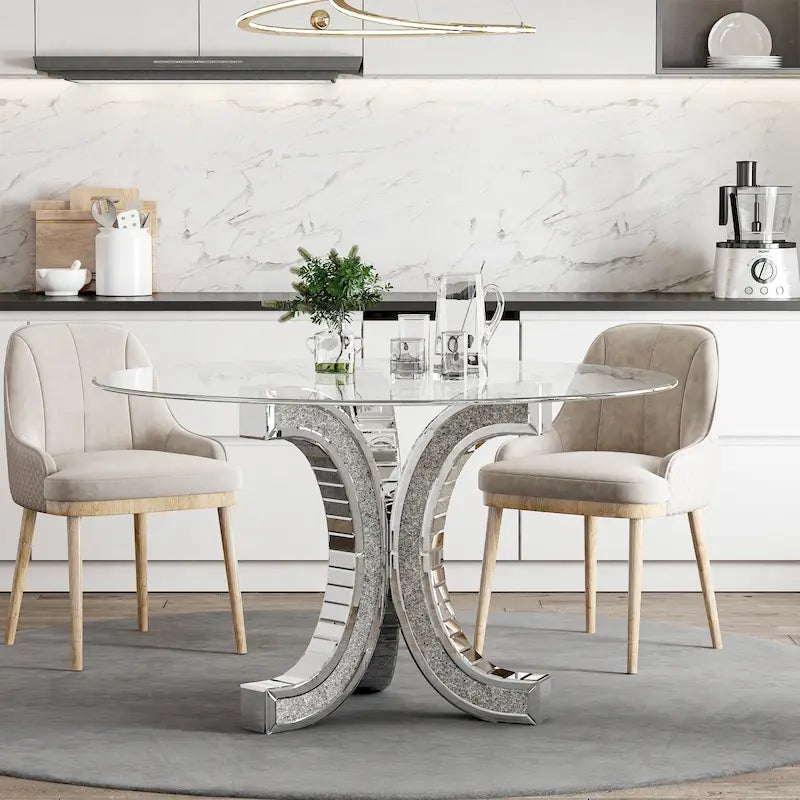 Tavolo da pranzo rotondo con piano in vetro