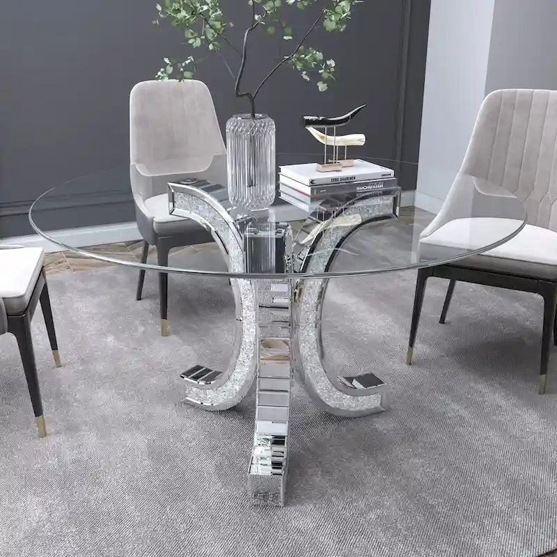 Tavolo da pranzo rotondo con piano in vetro