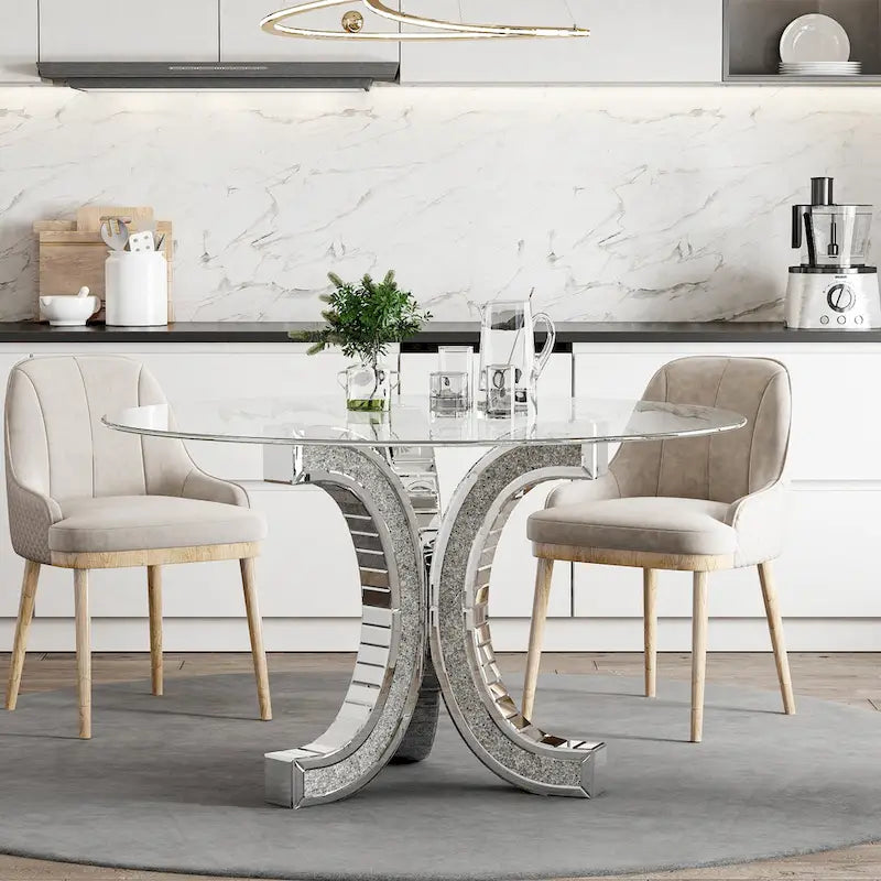 Tavolo da pranzo rotondo con piano in vetro