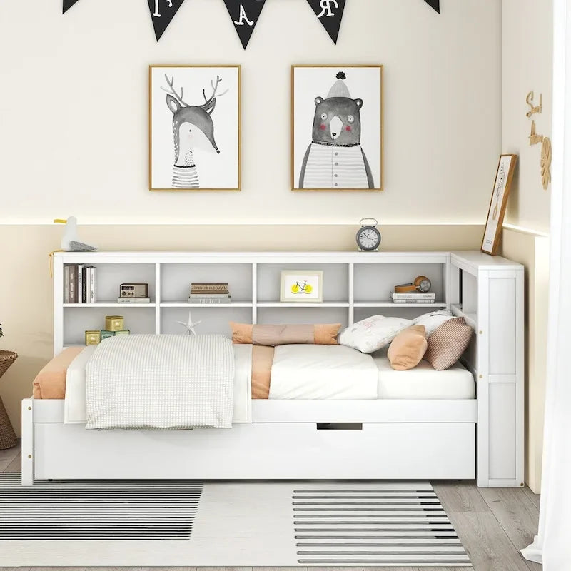 Eenpersoons/tweepersoonsbedbank met onderschuifbed voor eenpersoonsbed, bedbank met opbergplank en USB-laadpoorten