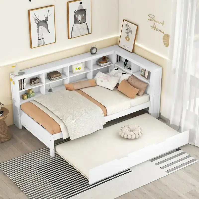 Tagesbett in Twin/Full-Größe mit Twin-Ausziehbett, Ablageboden und USB-Ladeanschlüssen