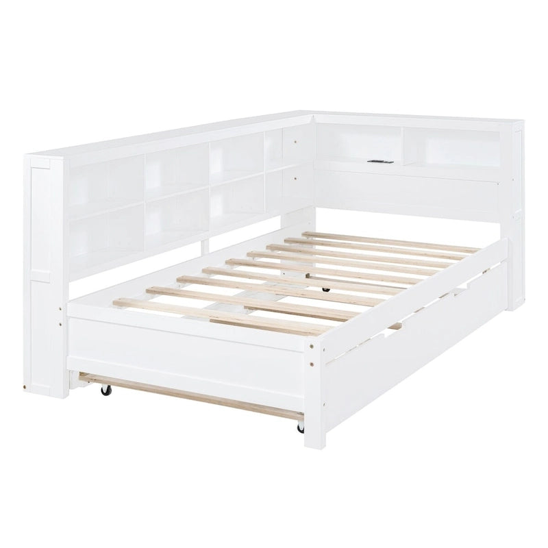 Tagesbett in Twin/Full-Größe mit Twin-Ausziehbett, Ablageboden und USB-Ladeanschlüssen