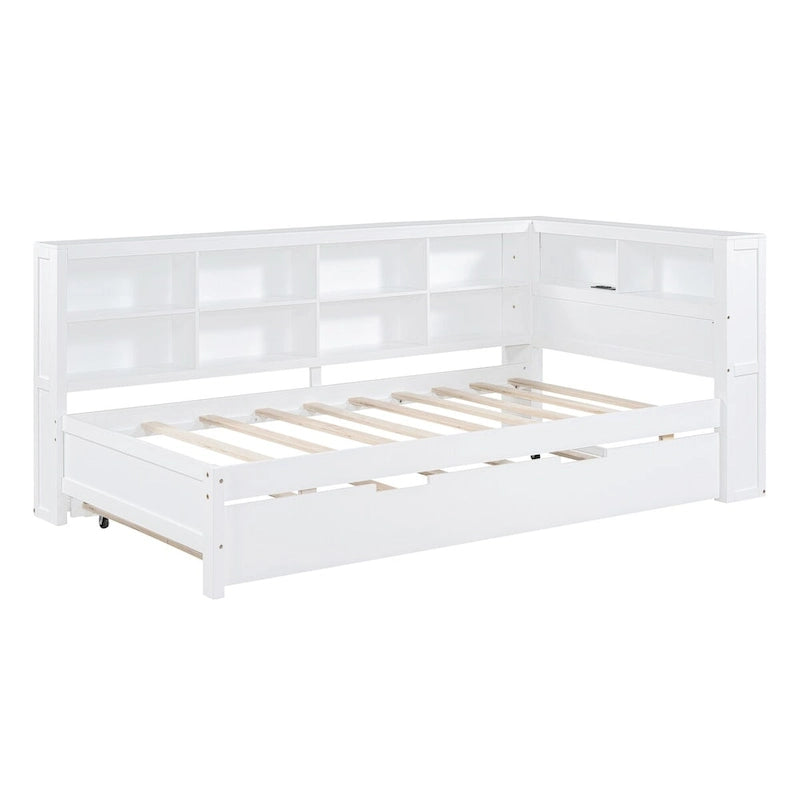 Tagesbett in Twin/Full-Größe mit Twin-Ausziehbett, Ablageboden und USB-Ladeanschlüssen