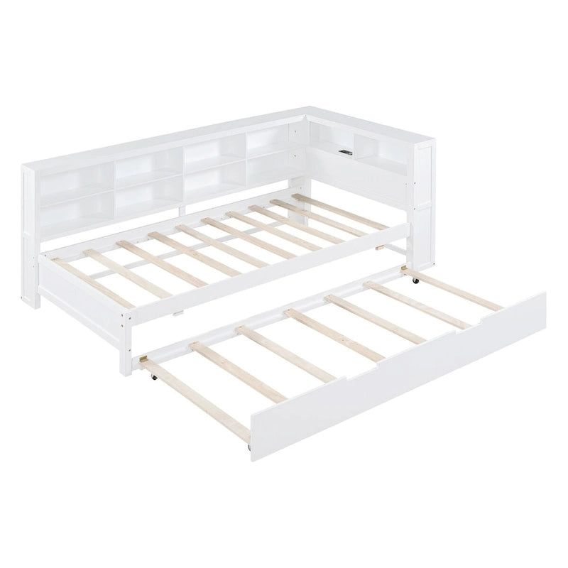 Tagesbett in Twin/Full-Größe mit Twin-Ausziehbett, Ablageboden und USB-Ladeanschlüssen