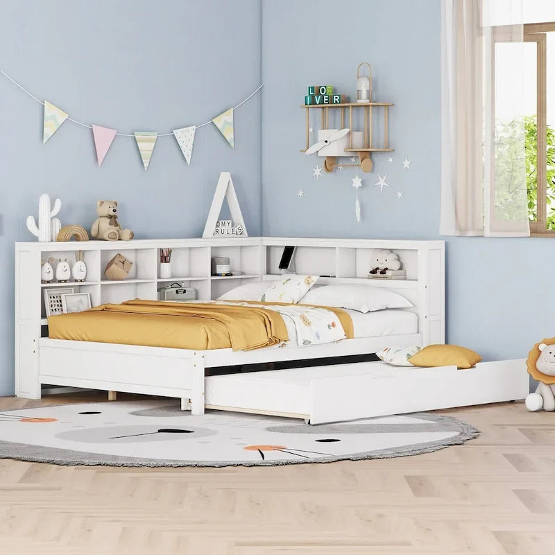 Tagesbett in Twin/Full-Größe mit Twin-Ausziehbett, Ablageboden und USB-Ladeanschlüssen