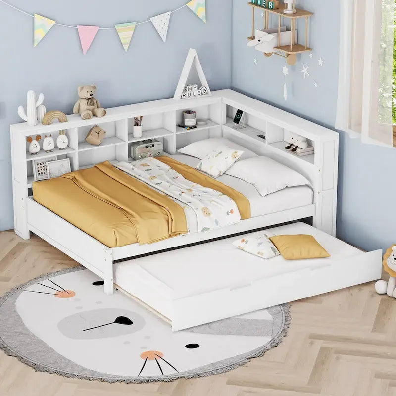Tagesbett in Twin/Full-Größe mit Twin-Ausziehbett, Ablageboden und USB-Ladeanschlüssen