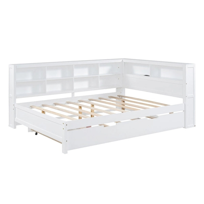 Tagesbett in Twin/Full-Größe mit Twin-Ausziehbett, Ablageboden und USB-Ladeanschlüssen