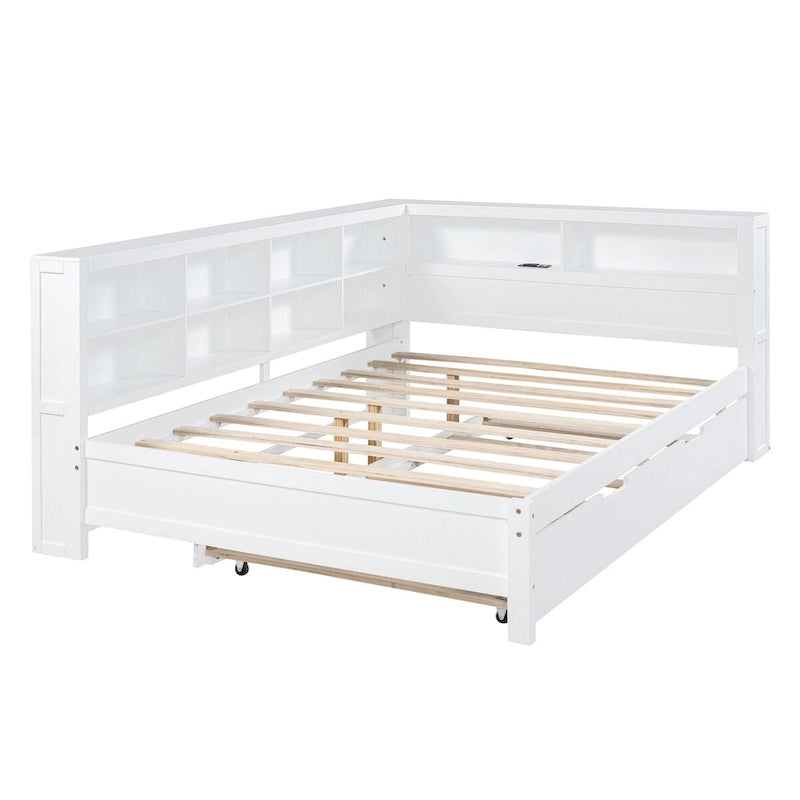 Tagesbett in Twin/Full-Größe mit Twin-Ausziehbett, Ablageboden und USB-Ladeanschlüssen